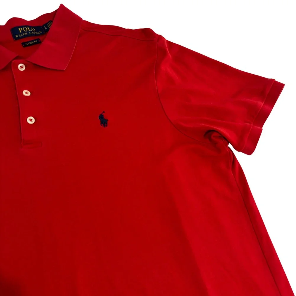 Polo Ralph Lauren Polo Shirt Mens L Red Classic Fit Short Sleeve Blue Pony Logo
